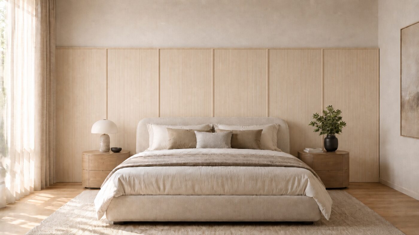 Ein modernes Schlafzimmer zeigt eine helle Furnierwand mit schmalen Eichenleisten, ein gepolstertes Bett und eine ruhige Naturfarbgestaltung.