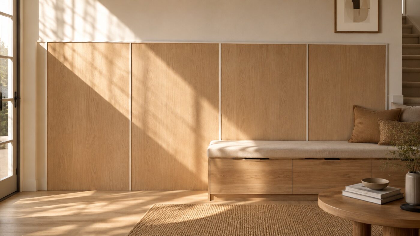 Ein Wohnzimmer zeigt furnierte Wandpaneele mit Metallleisten, eine gepolsterte Sitzbank, einen runden Couchtisch und warmes Sonnenlicht.
