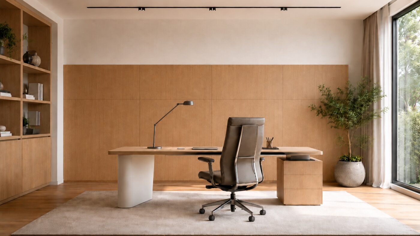 Ein modernes Homeoffice mit einer hellen Furnierwand, einem Schreibtisch, einem ergonomischen Stuhl und einer großen Pflanze wirkt hochwertig.