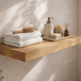 Ein schwebendes Eichenregal bringt warme Ordnung in ein modernes Badezimmer.