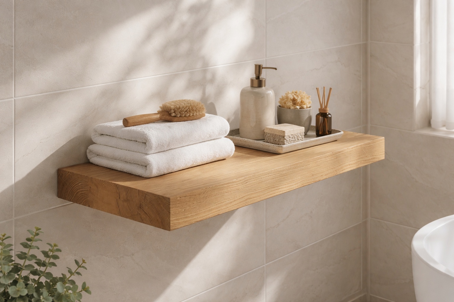 Ein schwebendes Eichenregal bringt warme Ordnung in ein modernes Badezimmer.