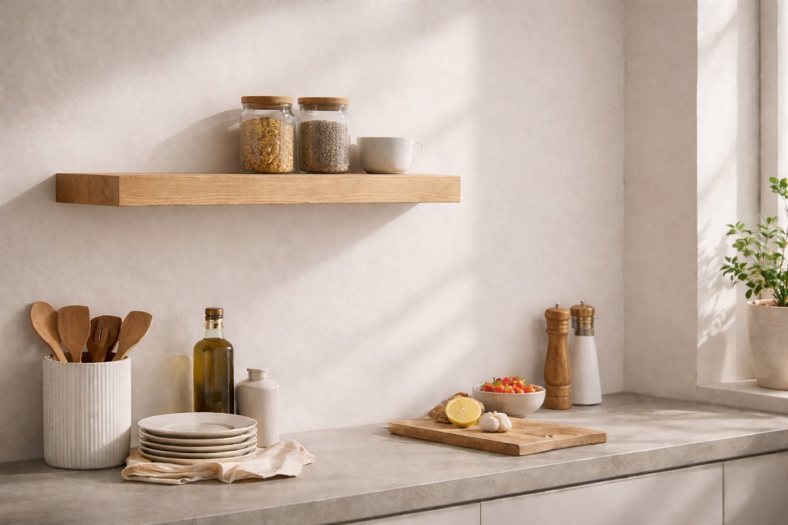 Ein schwebendes Eichenregal schafft offenen Stauraum über einer Küchenarbeitsfläche.
