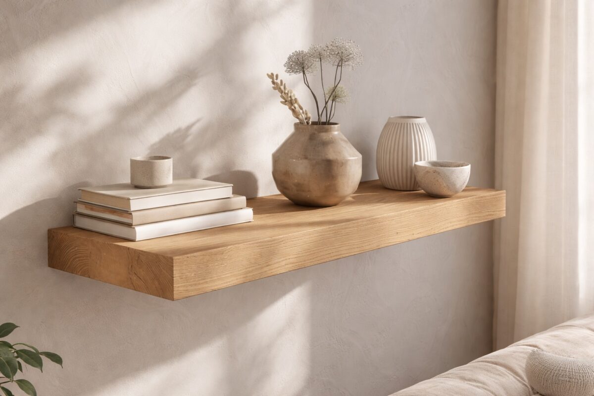 Ein schwebendes Wandregal aus massiver Eiche ordnet Bücher und Deko im Wohnraum.