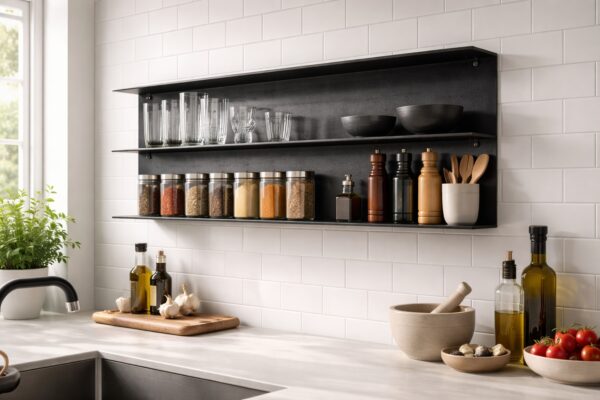 Wandregal aus gezundertem Schwarzstahl in moderner Küche mit offenen Ablagen.