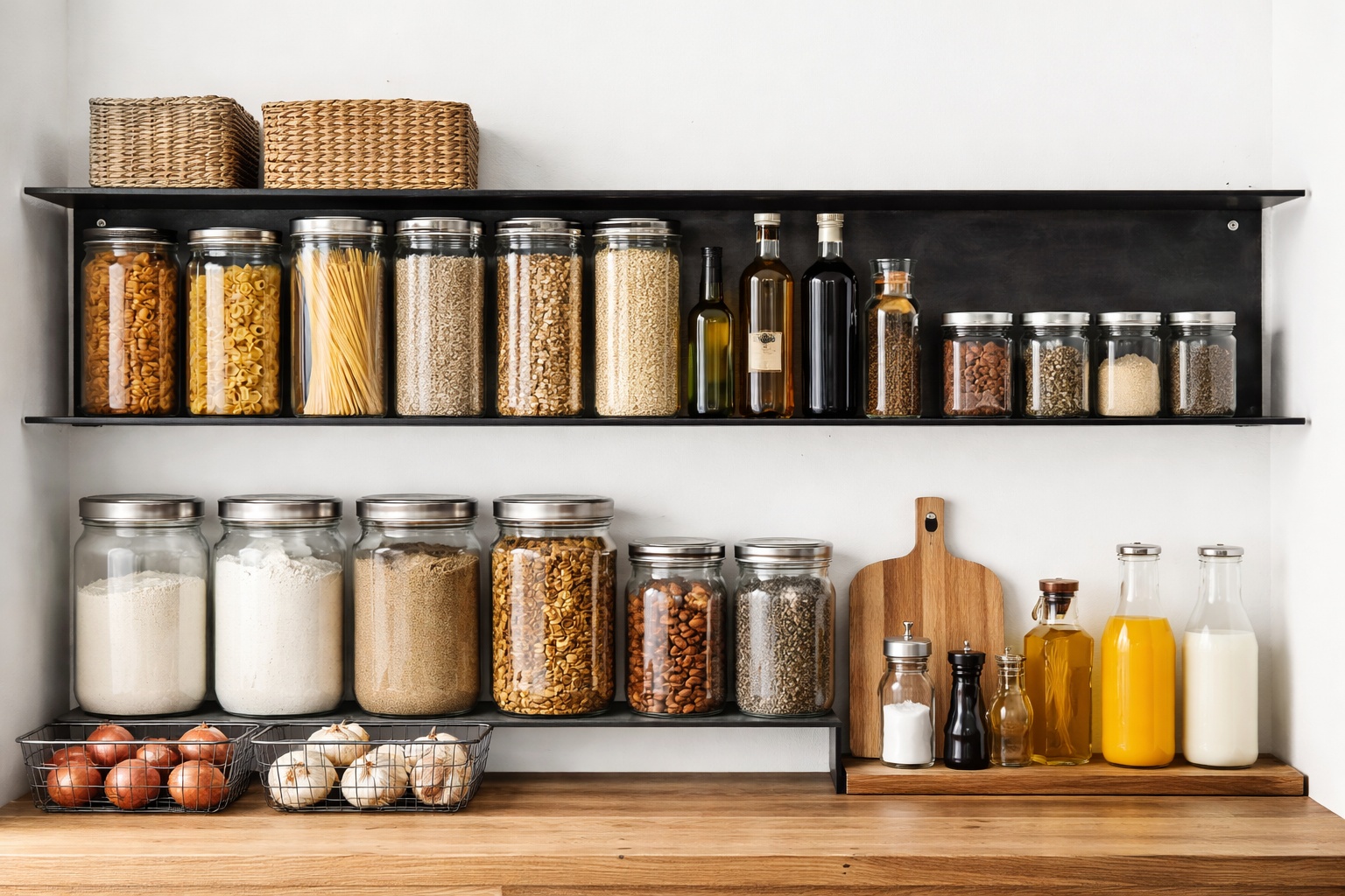 Vorratsraum mit offenem Wandregal aus gezundertem Schwarzstahl.