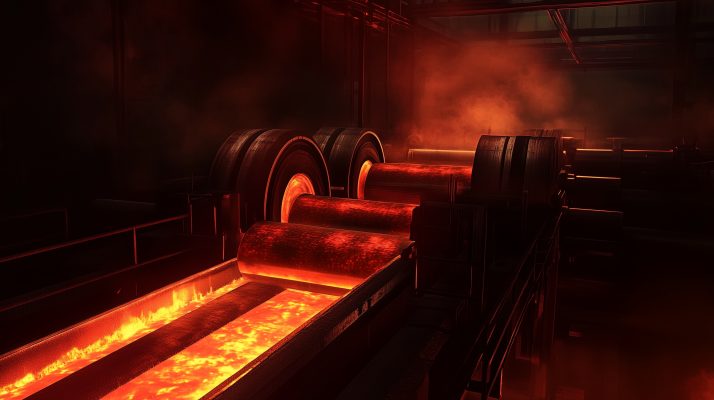 Glühendes Metallstück wird durch Walzen in einem Stahlwerk geführt