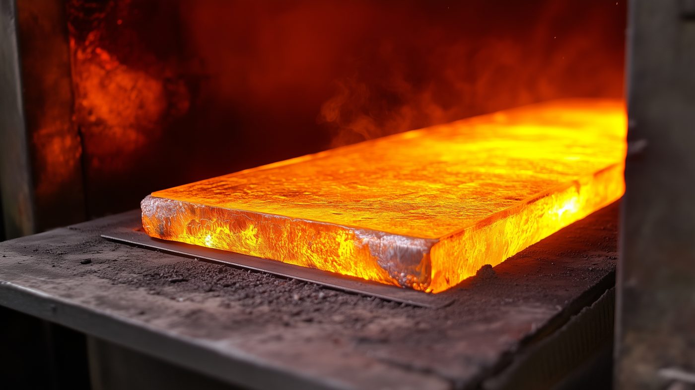 Metallbrammen werden in einem Industrieofen auf hohe Temperaturen erhitzt