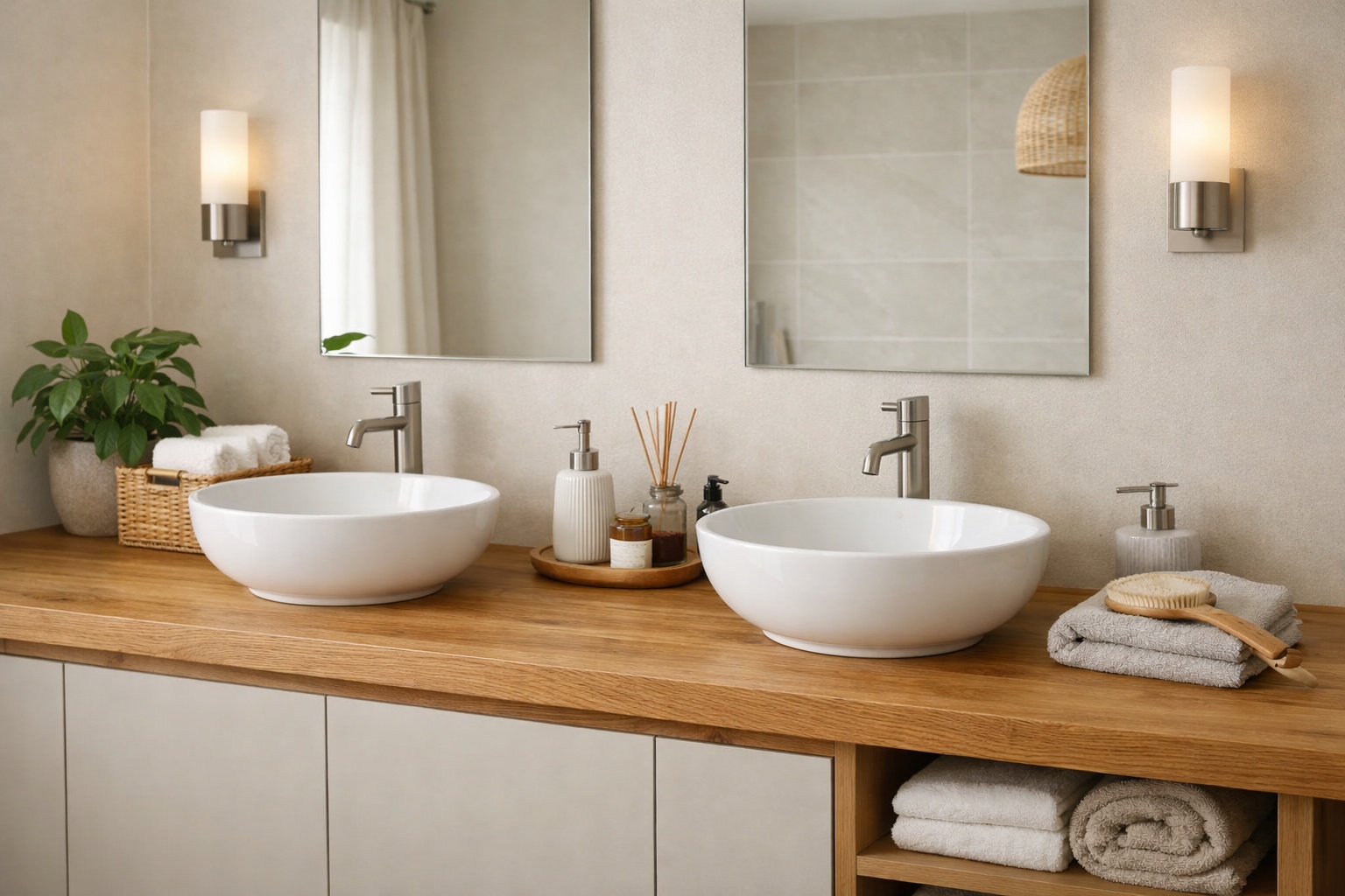 Ein Doppelwaschtisch aus Eiche bildet den ruhigen Mittelpunkt eines Familienbads.