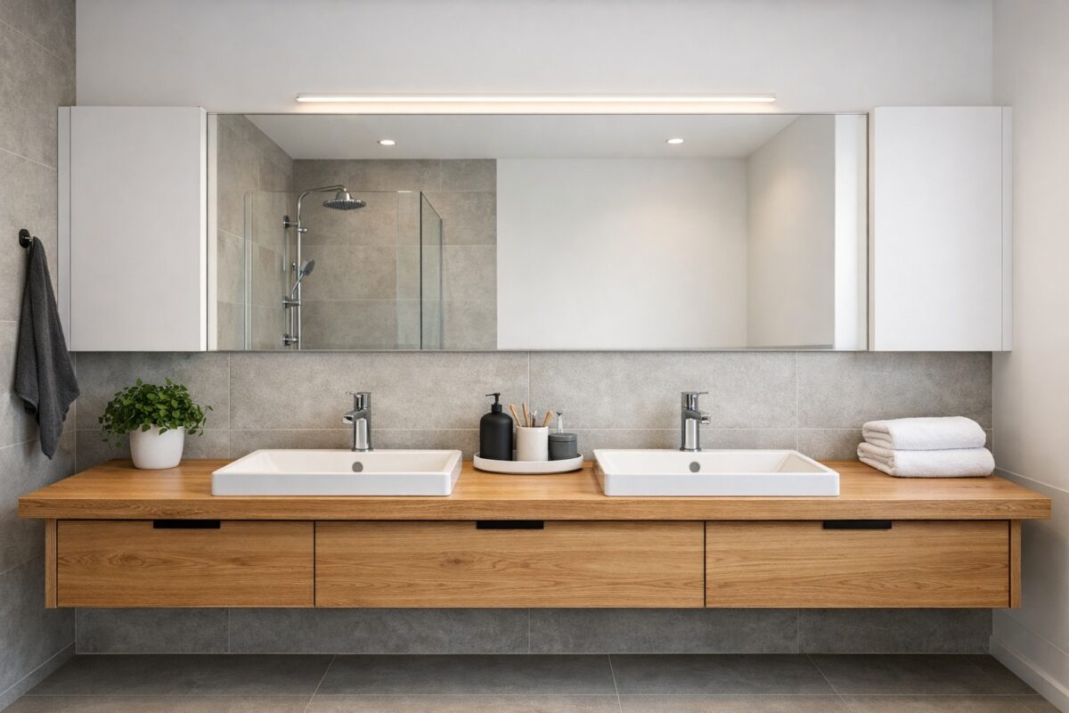 Eichenholz bringt Wärme in ein funktional gestaltetes Familienbad.