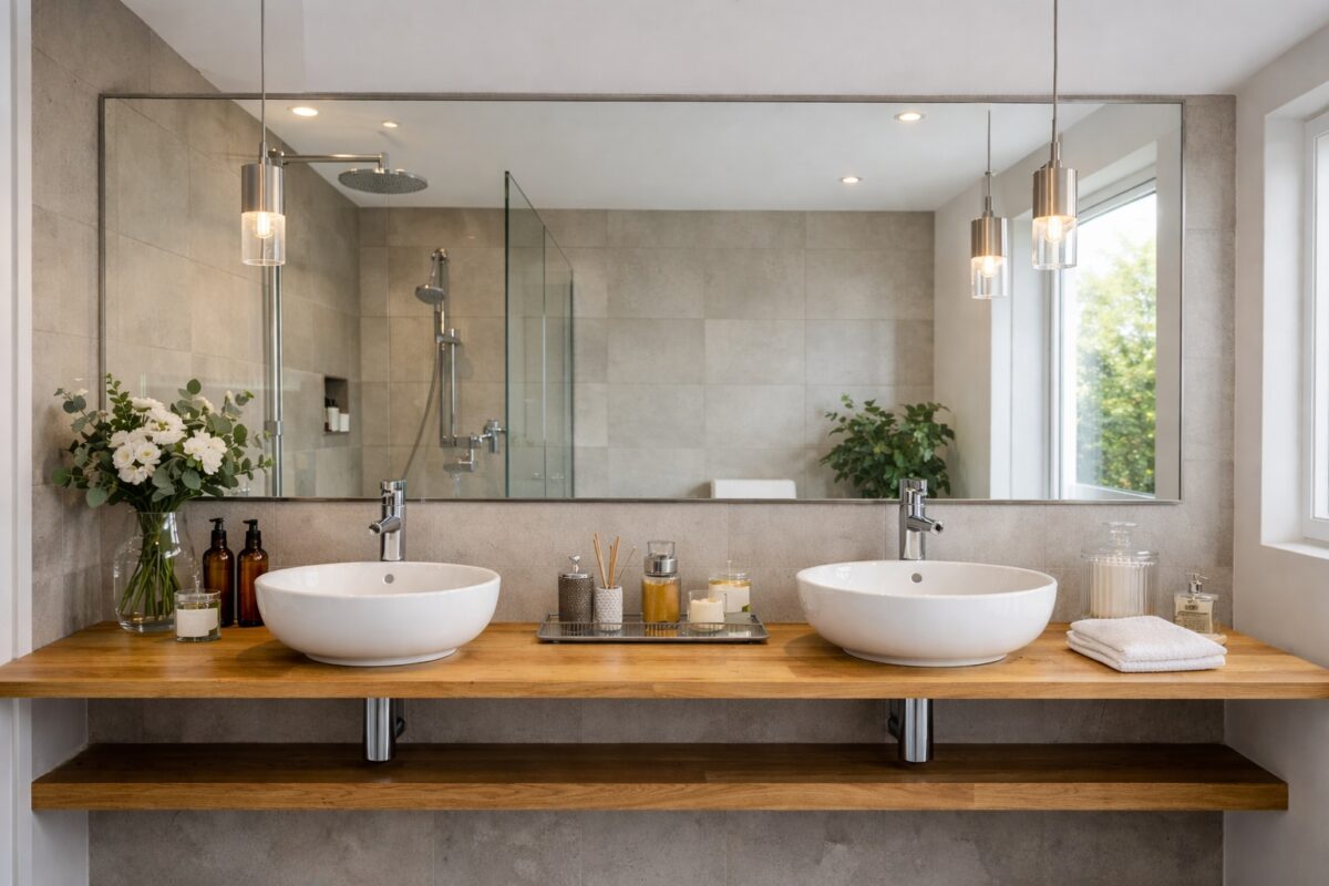 Eichenholz, Glas und Spiegel erzeugen Tiefe im modernen Badezimmer.