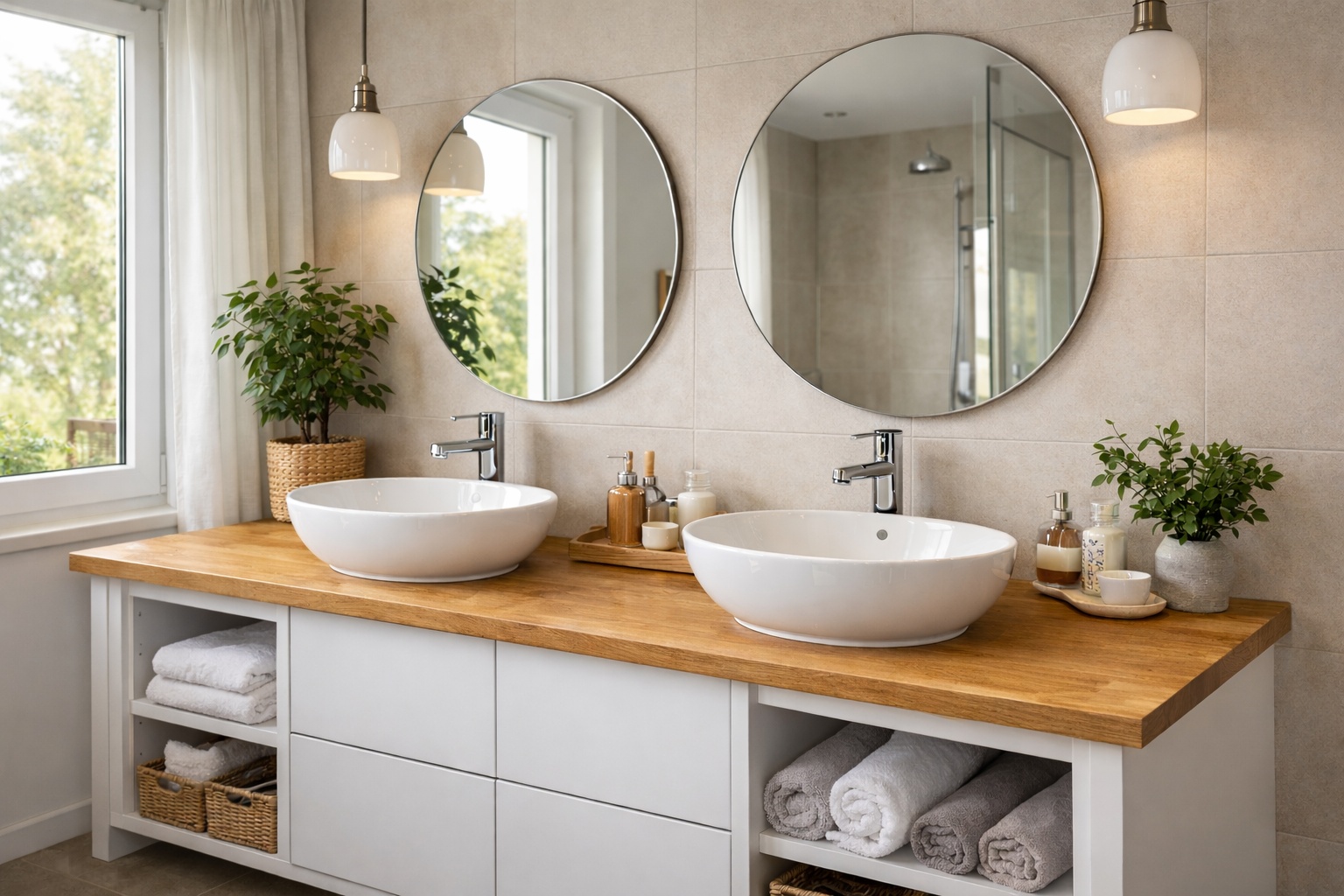 Eine durchgehende Eichenholzplatte verbindet zwei Waschbecken im Familienbad.