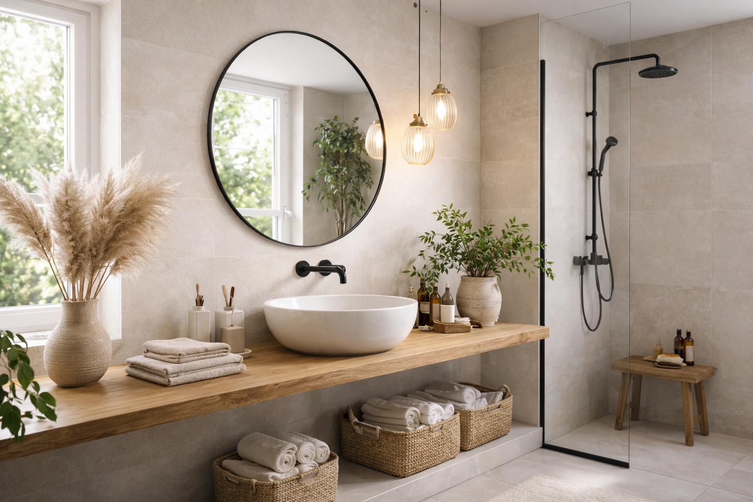 Eine massive Eichenholz-Waschtischplatte bildet den Mittelpunkt eines ruhigen Badezimmers.