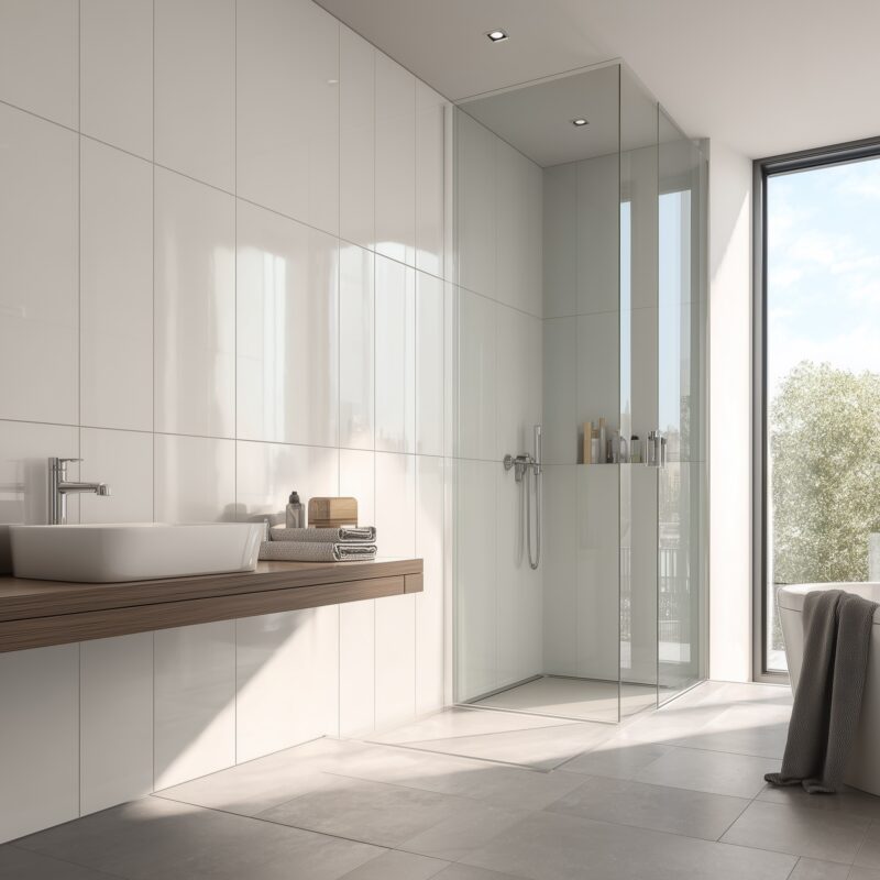 Badezimmer mit schaltbarer ESG-Weißglas-Duschwand, modern und hell.