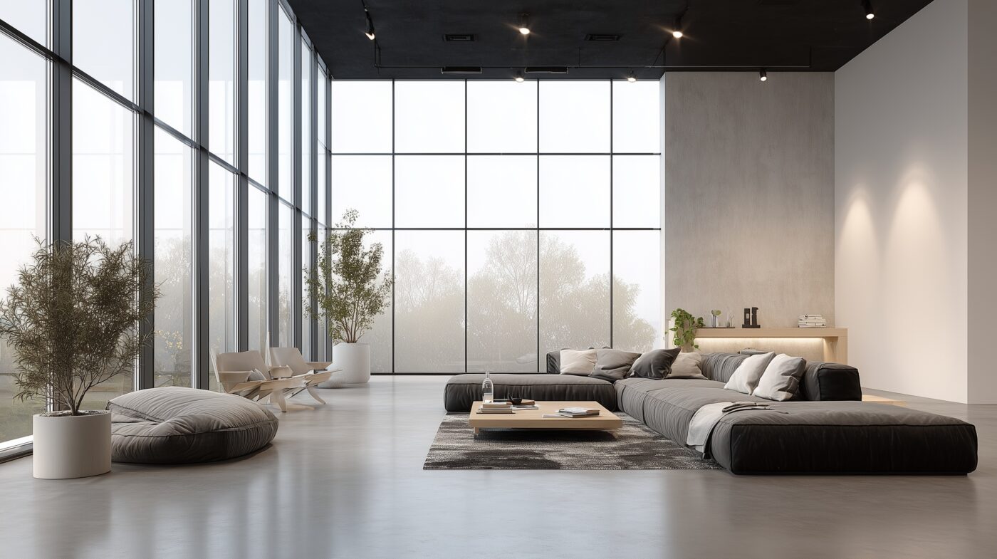 Loft mit raumhoher ESG-Weißglasfront.