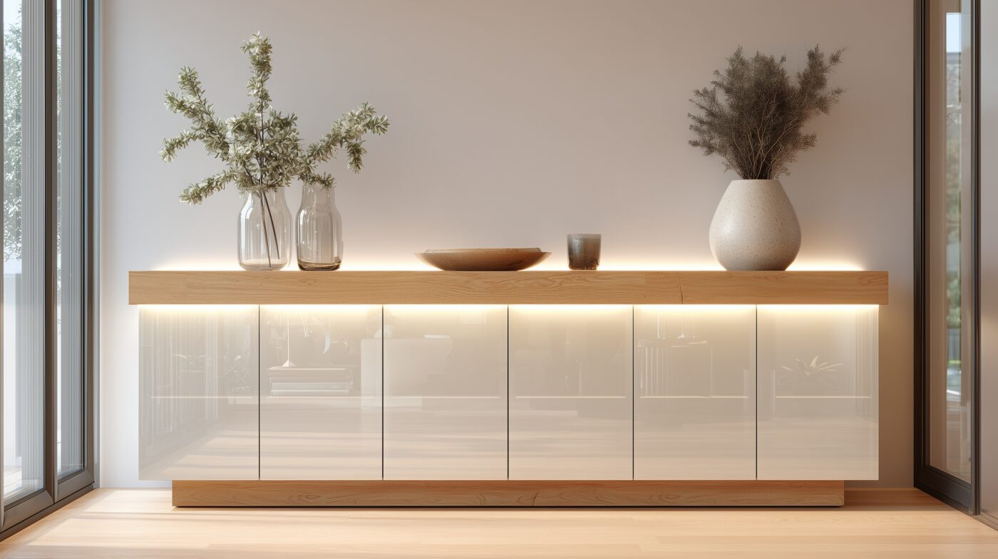 Sideboard mit Floatglasfront und integrierter LED-Beleuchtung.