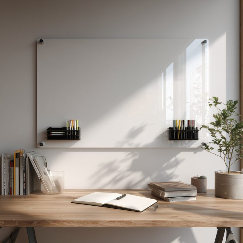 Homeoffice mit Wand-Whiteboard aus ESG-Weißglas.
