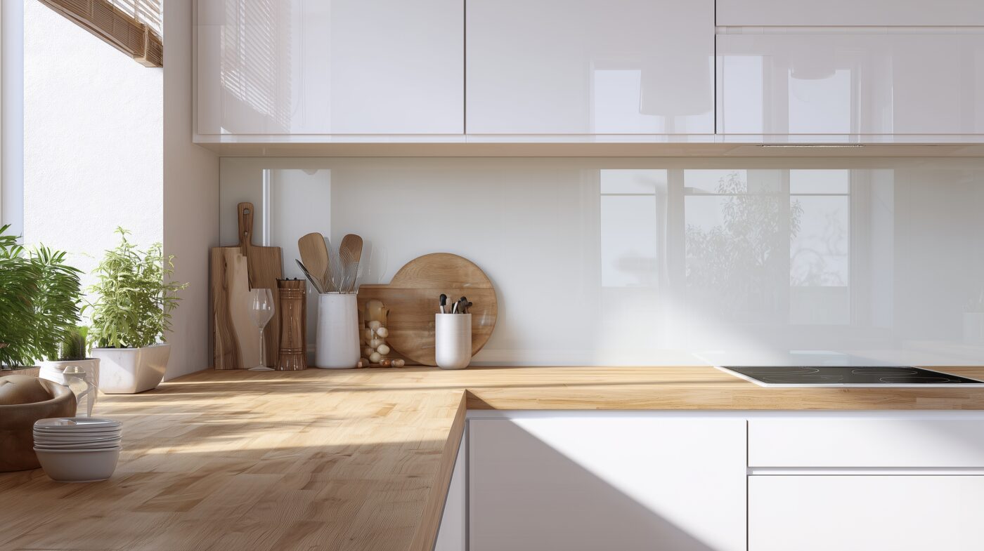 Küchenrückwand aus ESG-Weißglas in moderner, heller Küche.