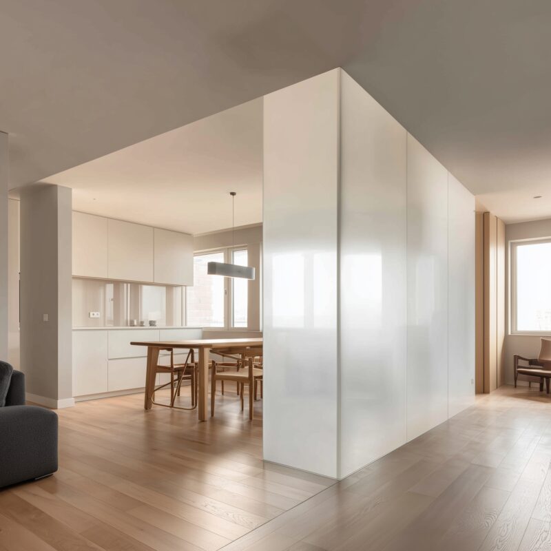 Raumteiler aus Weißglas zwischen Wohn- und Essbereich.