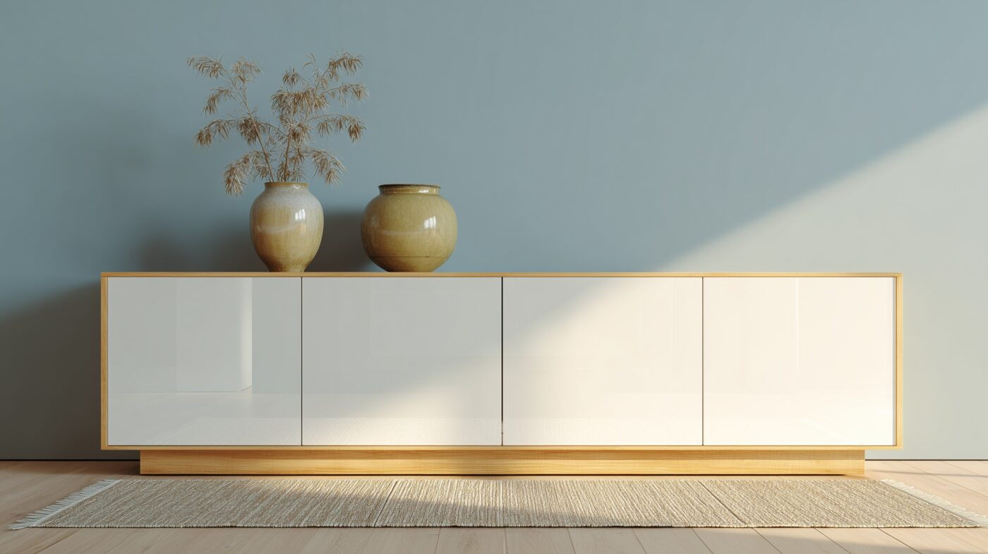 Sideboard mit Fronten aus Weißglas, modern und schlicht.