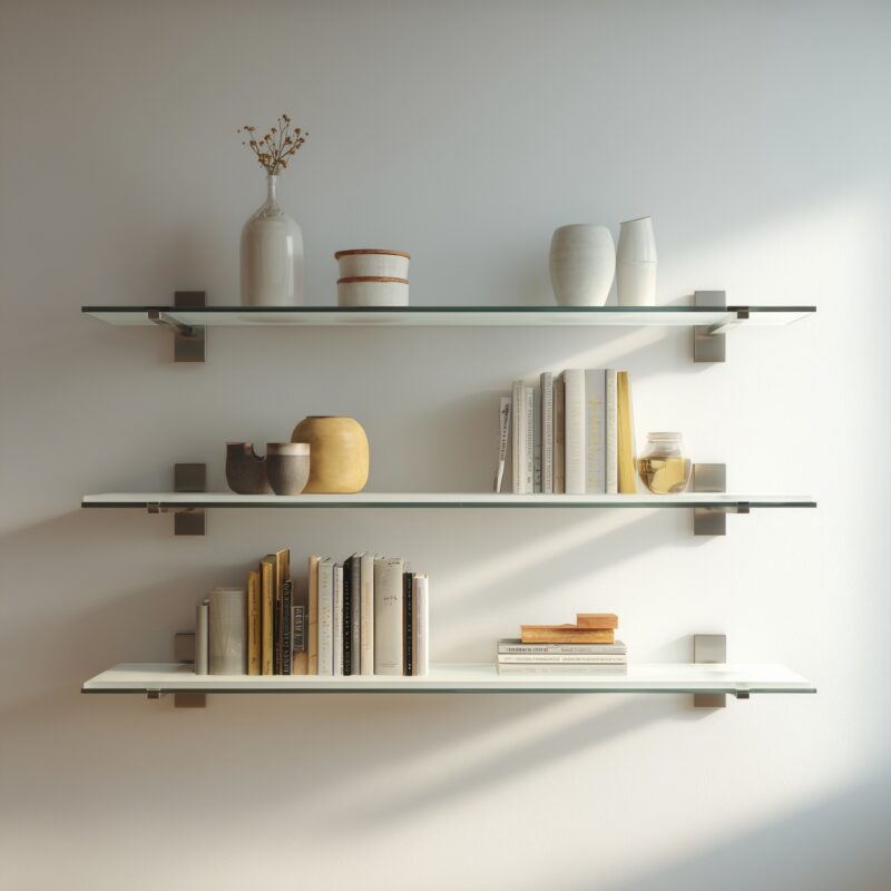 Schwebendes Regal mit Böden aus Weißglas, kombiniert mit Metall.