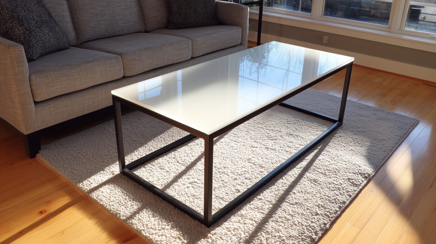 Couchtisch mit Tischplatte aus Weißglas, klar und elegant.