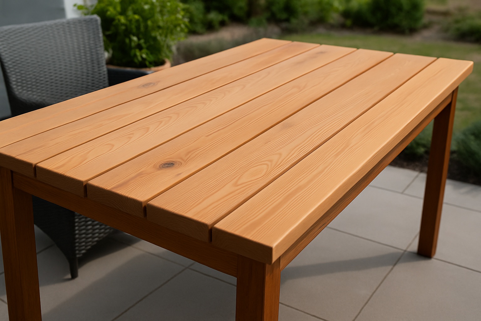Wetterfester Gartentisch aus Douglasienholz mit Schutzlasur.