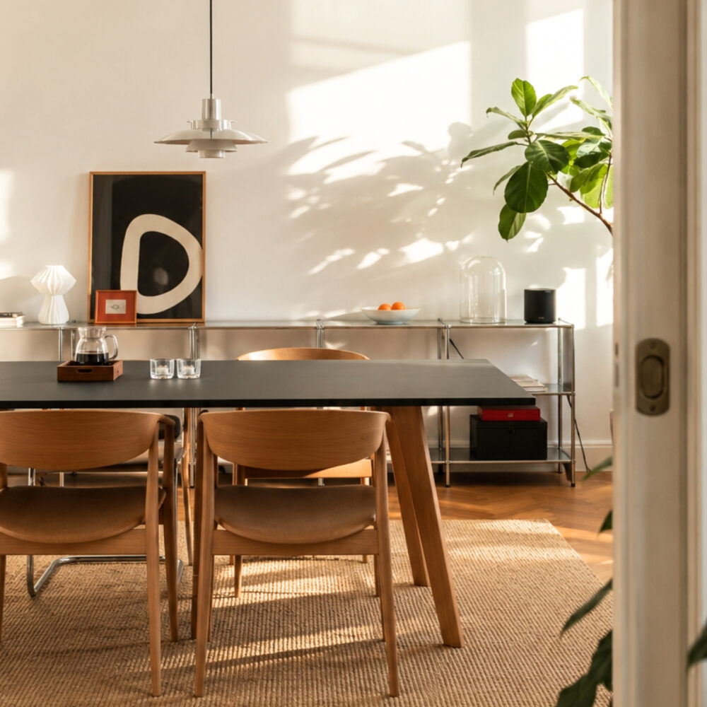Esstisch im Wohnzimmer mit schwarzer Dekorplatte