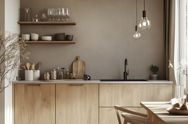 Moderne Küche mit hellen Furnierfronten in Wildeiche-Optik und schwarzer Armatur.