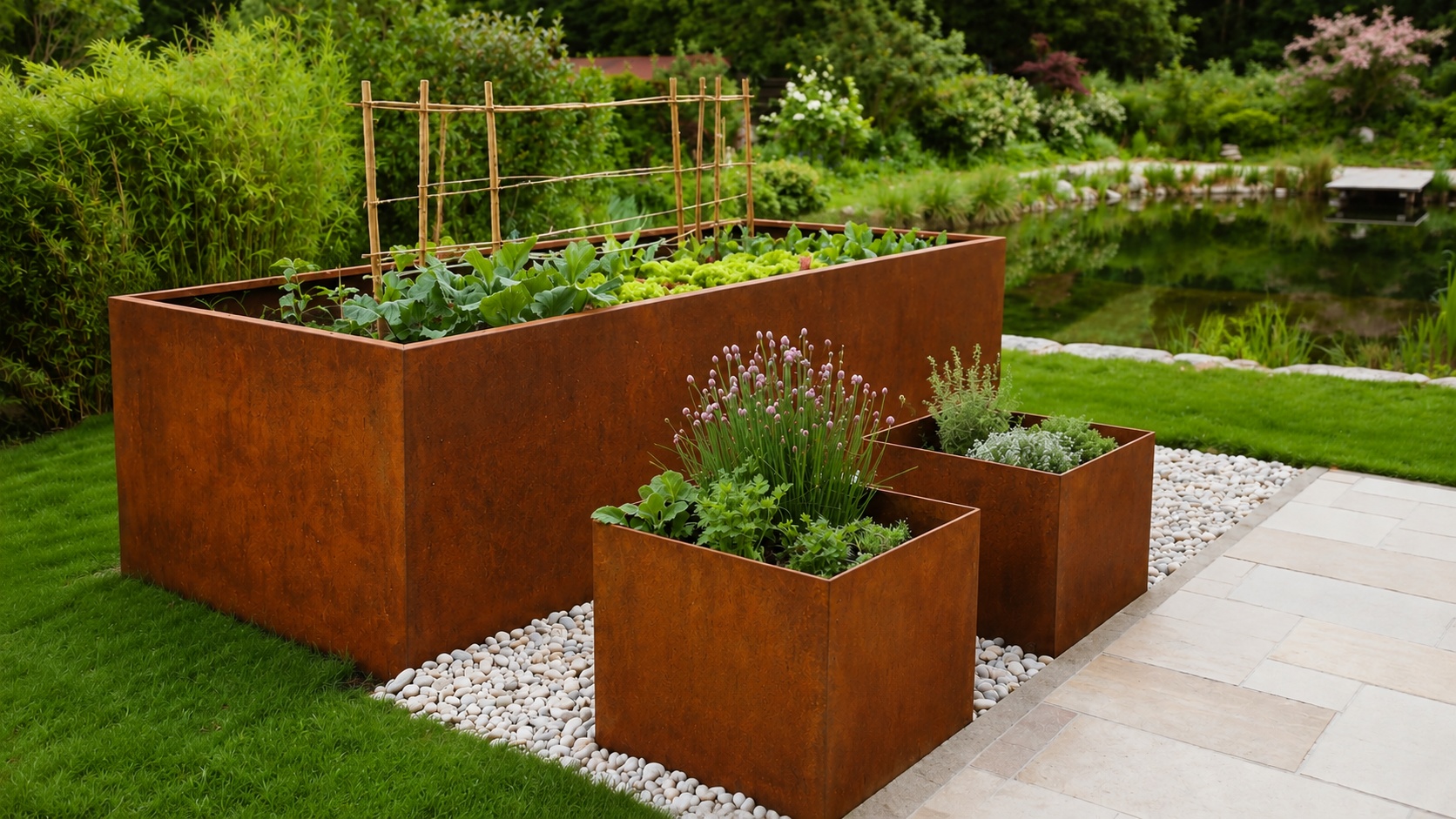 Modernes Cortenstahl Hochbeet mit Gemüse, Kräutern und Teich im gestalteten Gartenbereich.