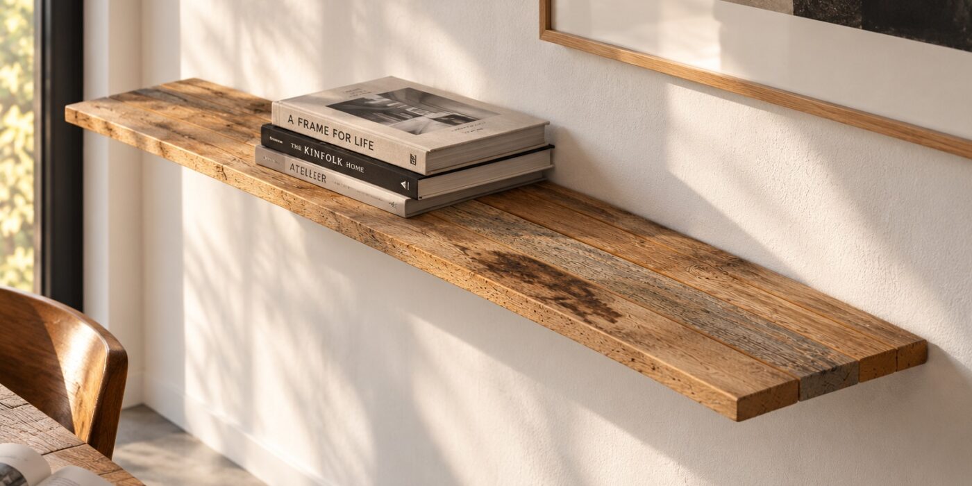 Eiken oud houtplanken vormen een smalle wandplank met boeken in een lichte woonkamer.