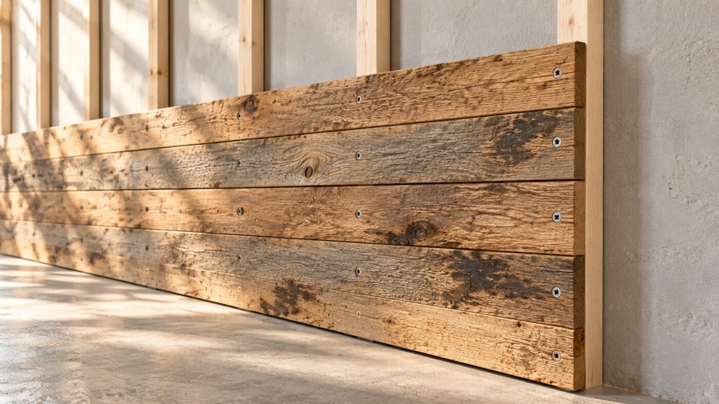 Eiken oud houtplanken worden met roestvrijstalen schroeven op een houten onderconstructie als wandbekleding gemonteerd.
