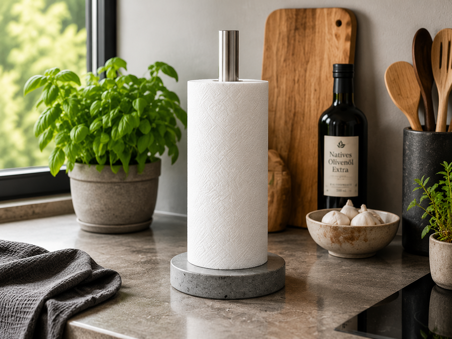 Edelstahl Küchenhalter mit Küchenrolle und Kräutern in moderner Küche.