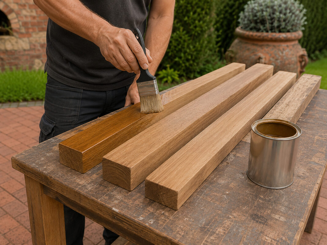 Holzbalken für die Outdoor-Küche werden im Garten gleichmäßig mit schützendem Holzöl behandelt.
