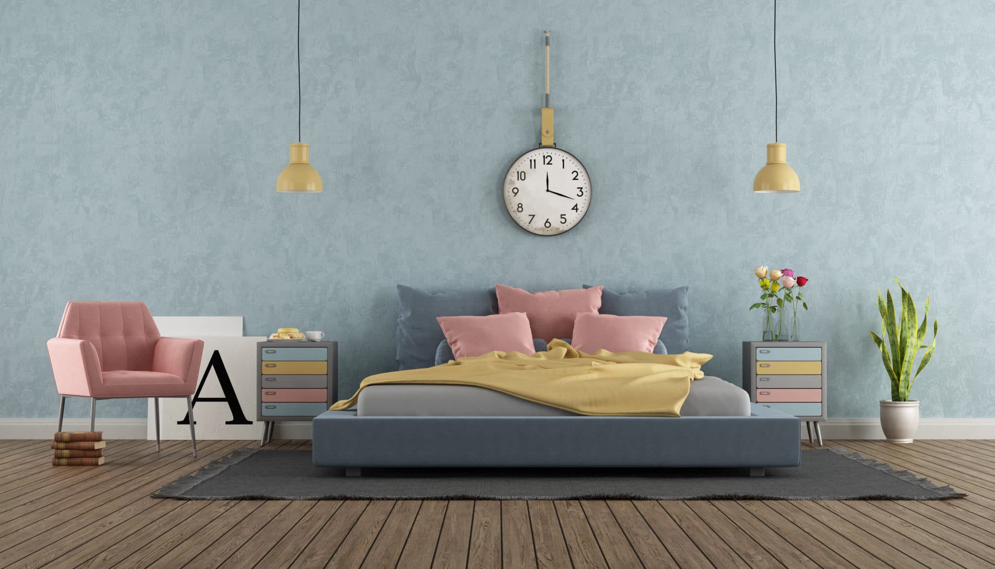 Pastellfarbiges Schlafzimmer mit pinkfarbigen Stuhl sowie bunten Kissen auf dem Bett.