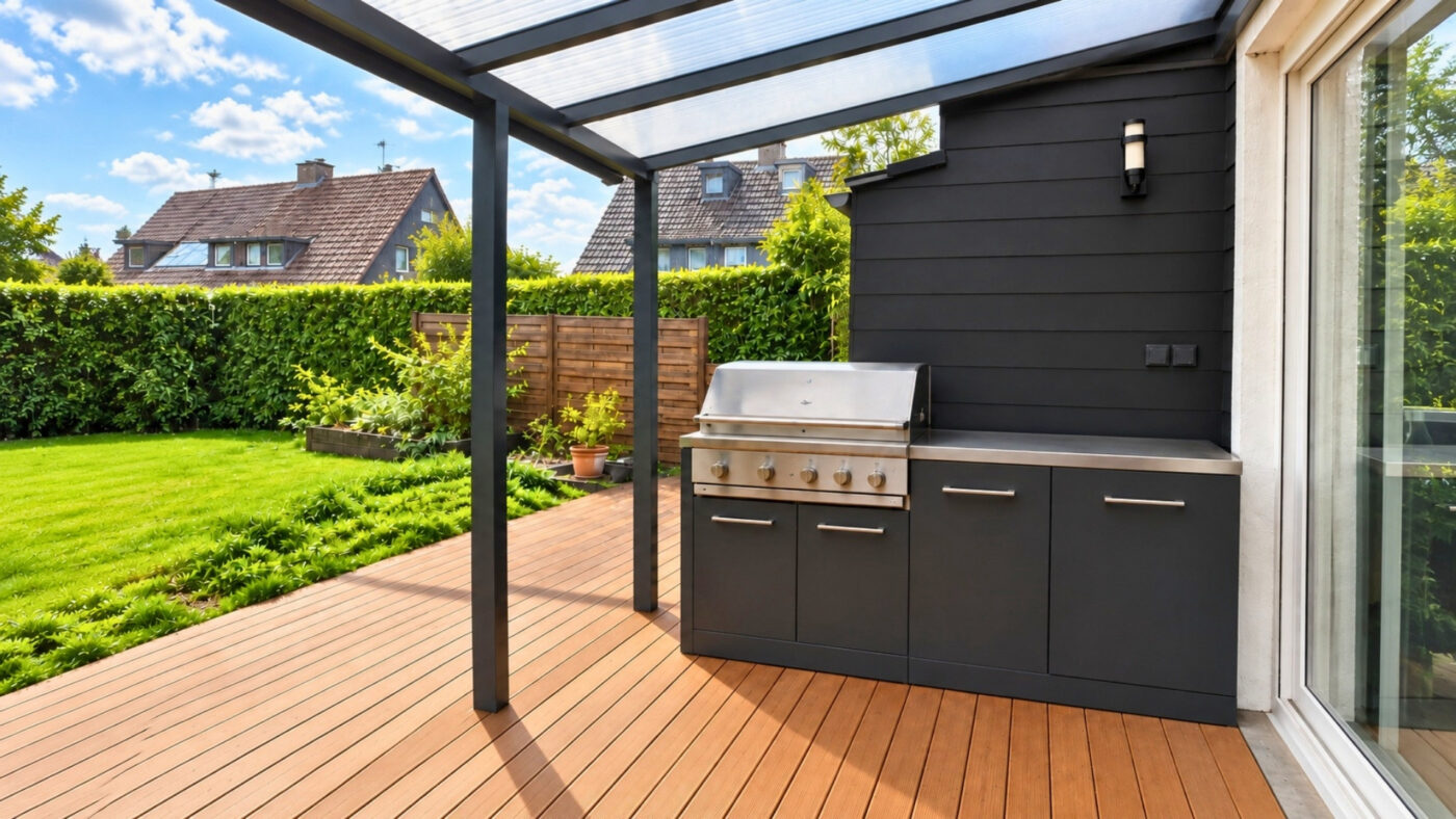 Moderne Outdoor Küche mit Edelstahl Arbeitsplatte und Grill auf sonniger überdachter Holzterrasse.