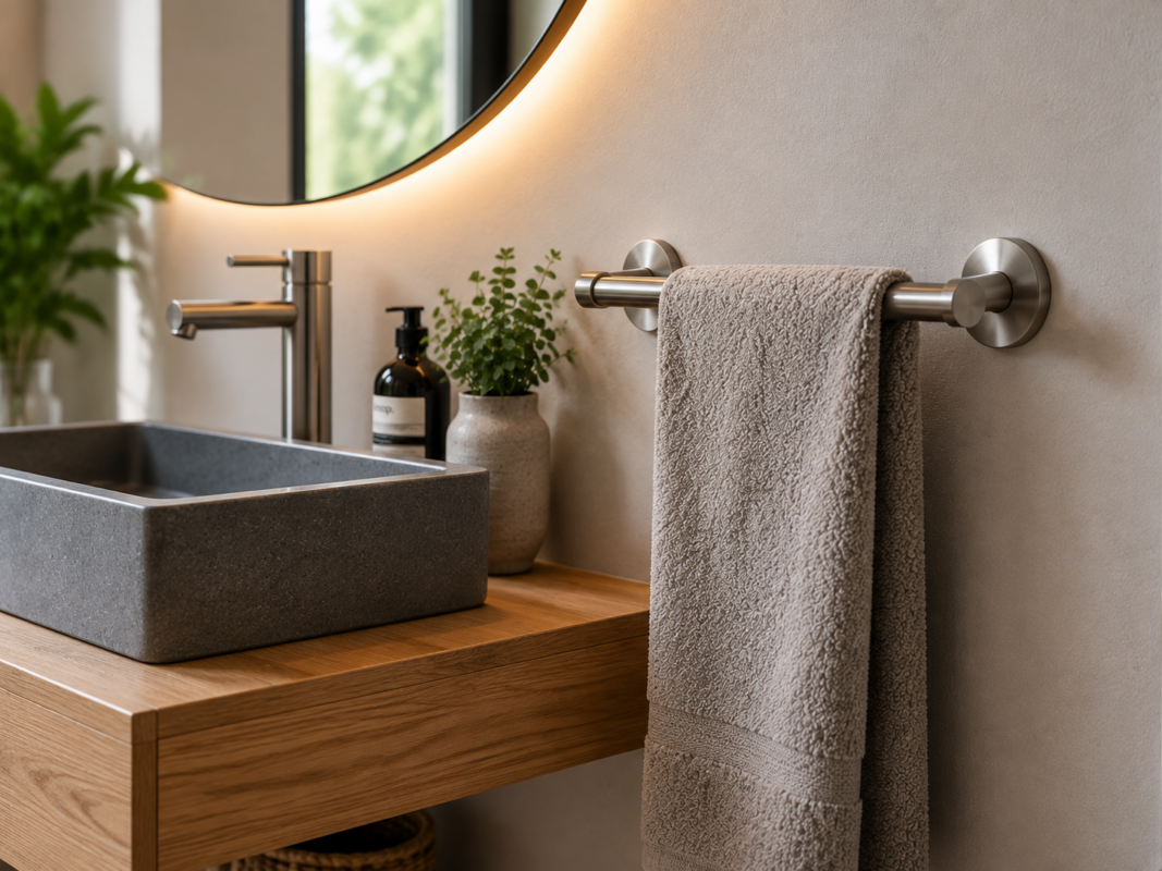 Edelstahl Handtuchhalter neben Waschbecken und Spiegel im modernen Badezimmer.