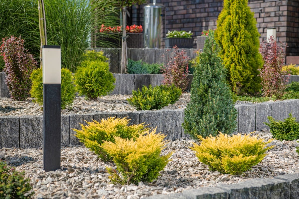 Moderner Steingarten mit Natursteinmauer und grünen Pflanzen.
