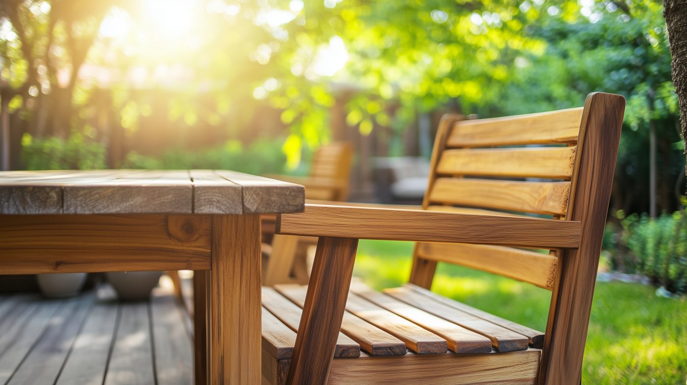 Gartenmöbel beim Ölen im Freien