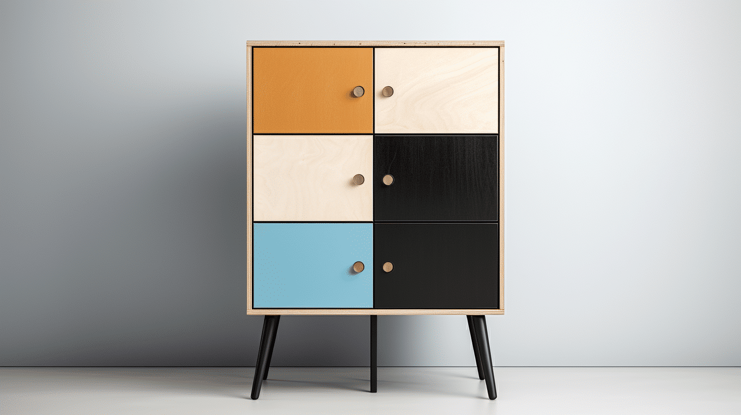 Bunter Designschrank aus Möbelbauplatten mit sechs Fronten.