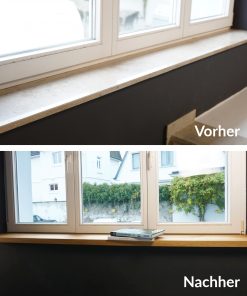 Vorher-nachher Vergleich einer renovierten Fensterbank mit neuer maßgefertigter Abdeckung für eine moderne Optik.