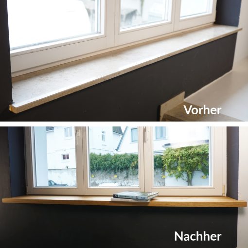 Vorher-nachher Vergleich einer renovierten Fensterbank mit neuer maßgefertigter Abdeckung für eine moderne Optik.