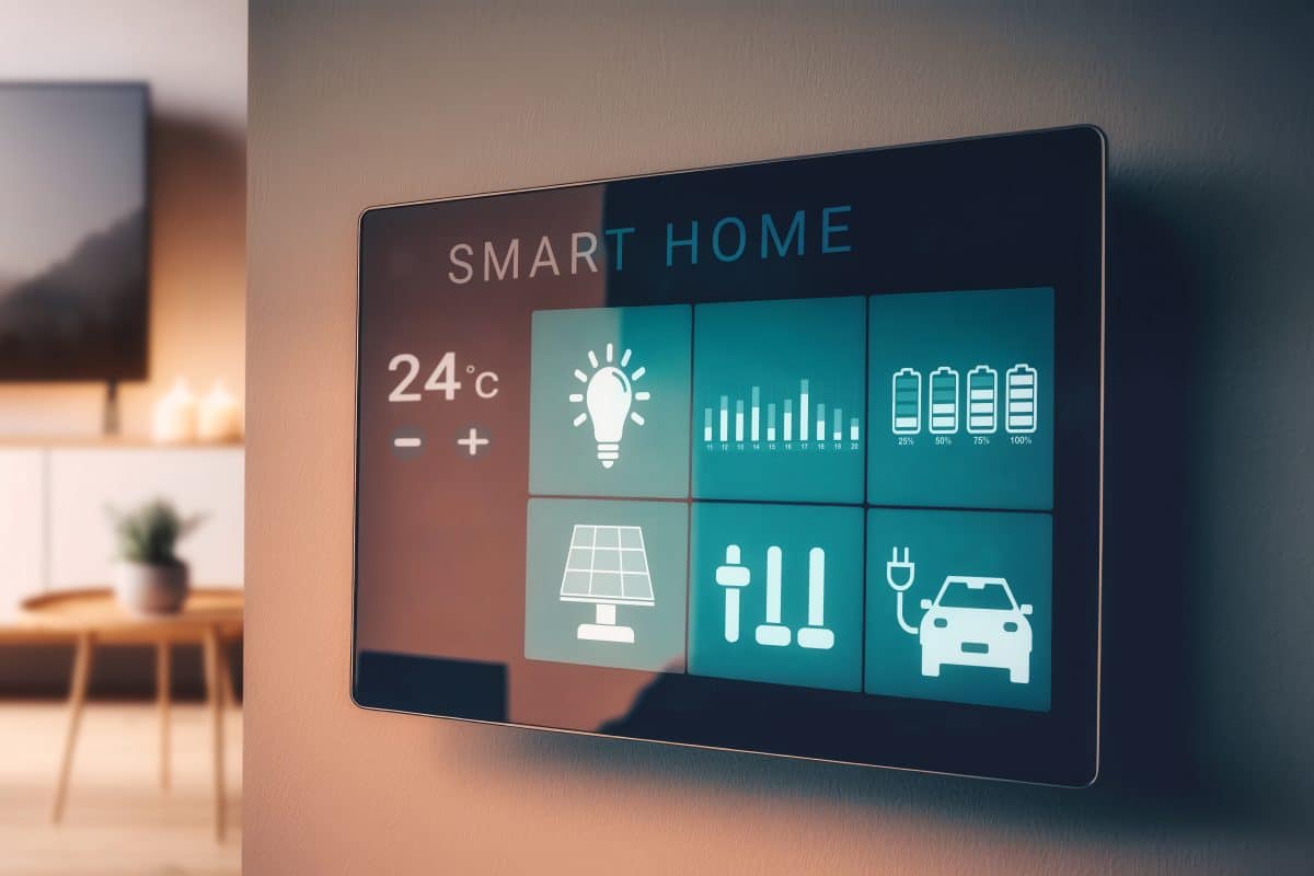 Wanddisplay zeigt Smarthome-Steuerung für Temperatur, Licht und Energie.