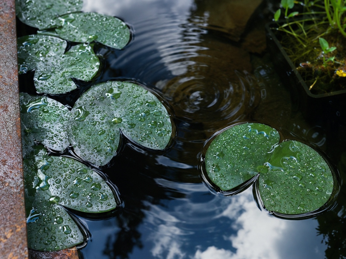 Seerosenblatt mit Wassertropfen in einem Teich