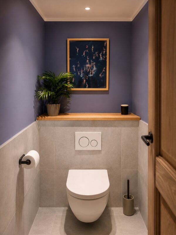 Gäste-WC mit violetten Wänden, Holzablage, Pflanze, Bild und wandhängendem WC.