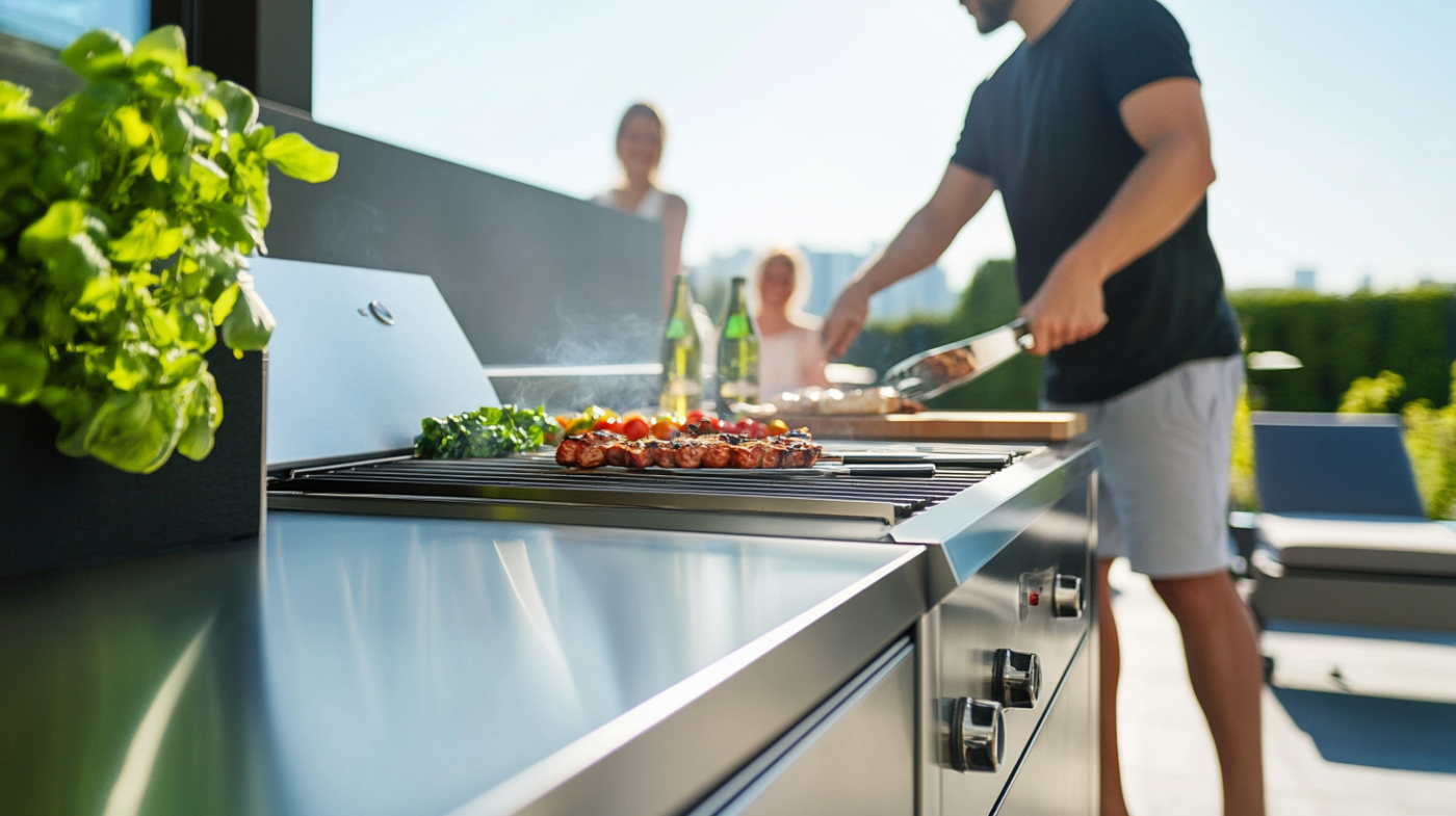 Mann am Grillen im Garten an einer Edelstahl Outdoorküche