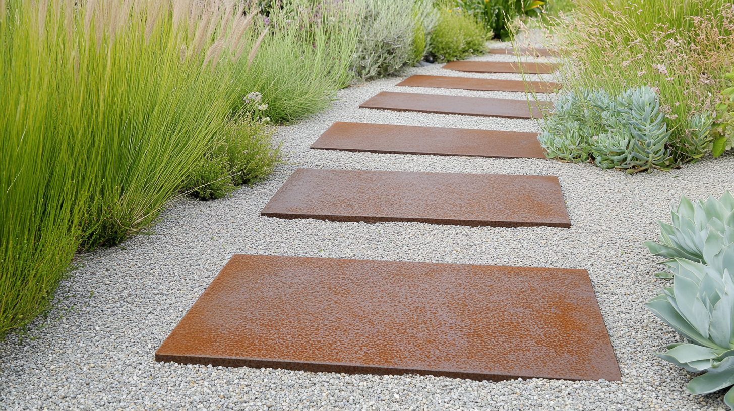 Trittplatten aus Cortenstahl im Garten.